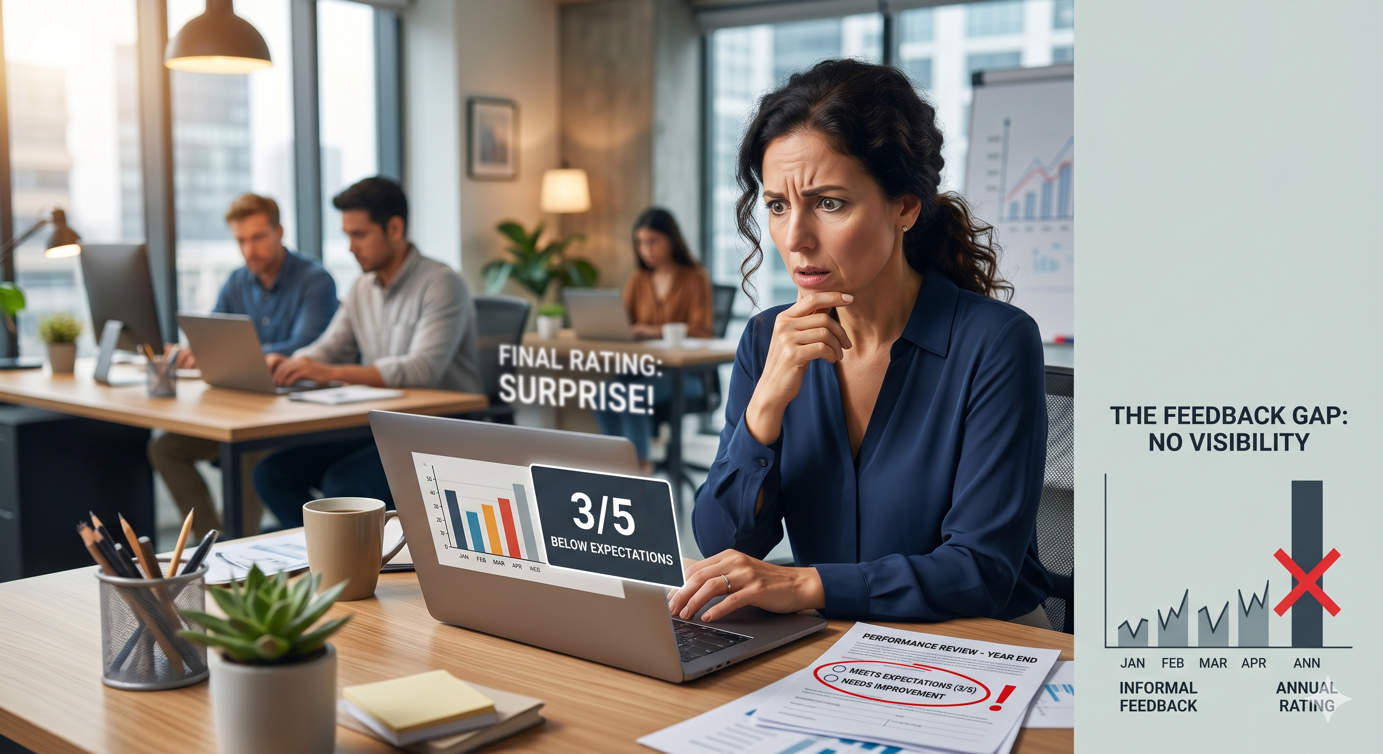 Employees often feel surprised and confused by final performance ratings due to lack of continuous feedback throughout the year.